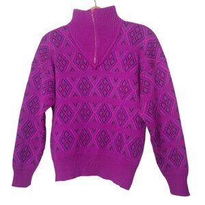 Vintage Kaelin Womens Small Sweater Pullover High Neck Purple Geometric 1/4 Zip